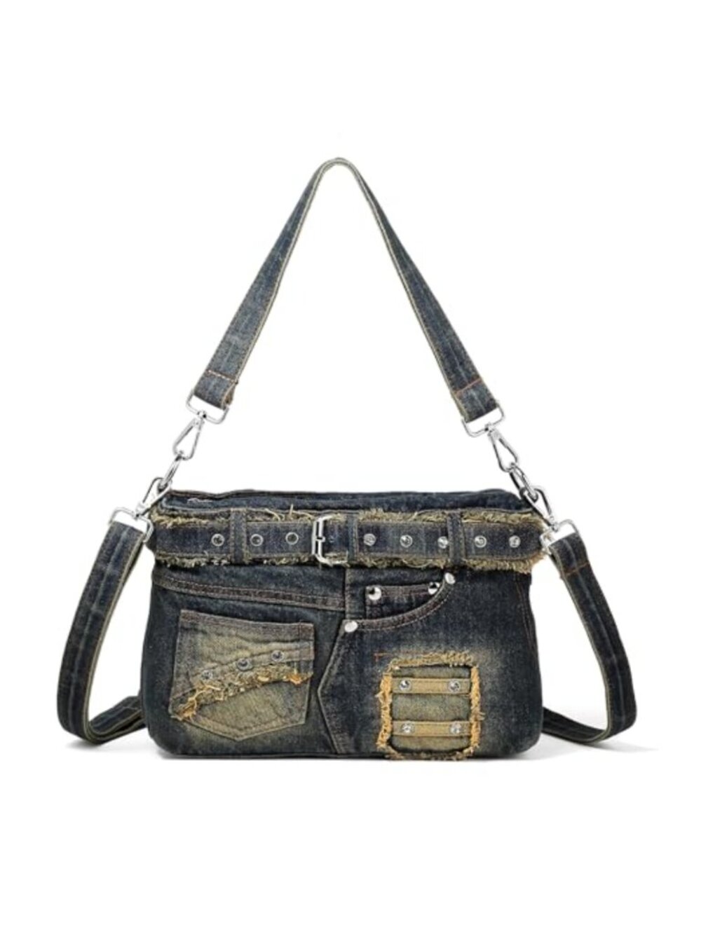Denim Crossbody Bag with Rhinestones Y2K Jean Handbag for Women